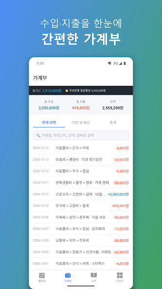 리비 가계부의 월간 수입·지출 화면